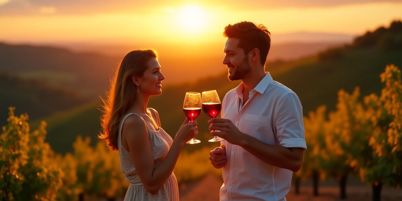 Coppia felice che brinda con vino rosso in un vigneto al tramonto